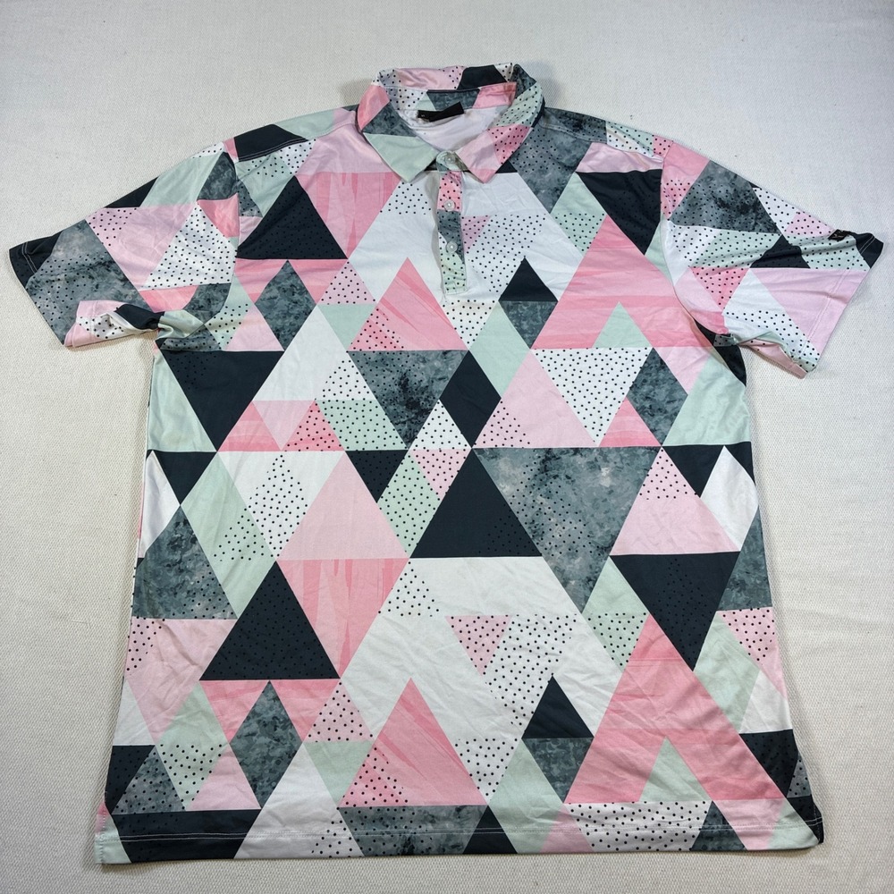 Yatta Golf Polo‎ Shirt Mens XL Pink Green Geometric Triangle Birdie Dropper